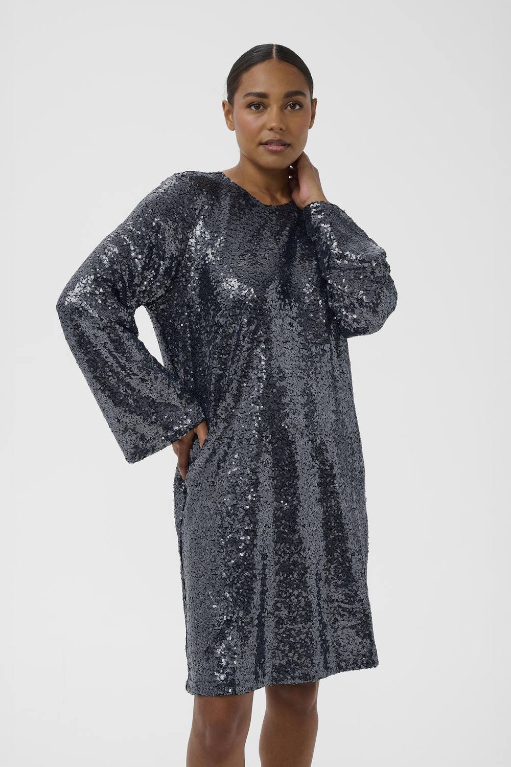 Kaffe Kalau Sequin Mini Dress In Metallic Silver
