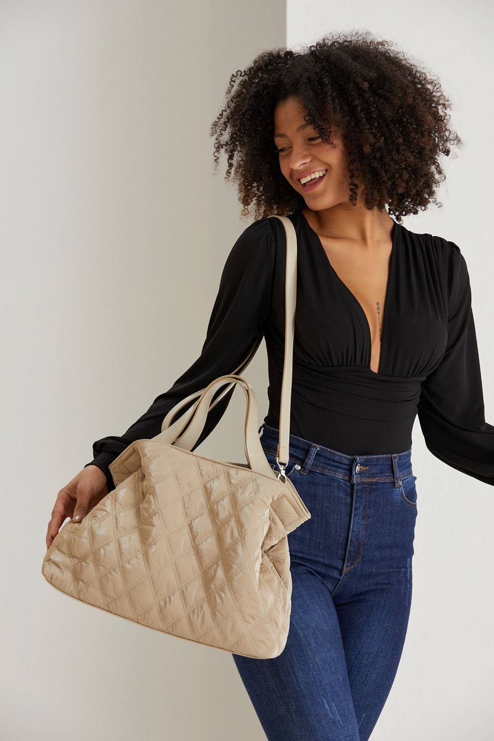 Belissh Women's Quilted Tote Bag With Detachable Crossbody Strap in Beige