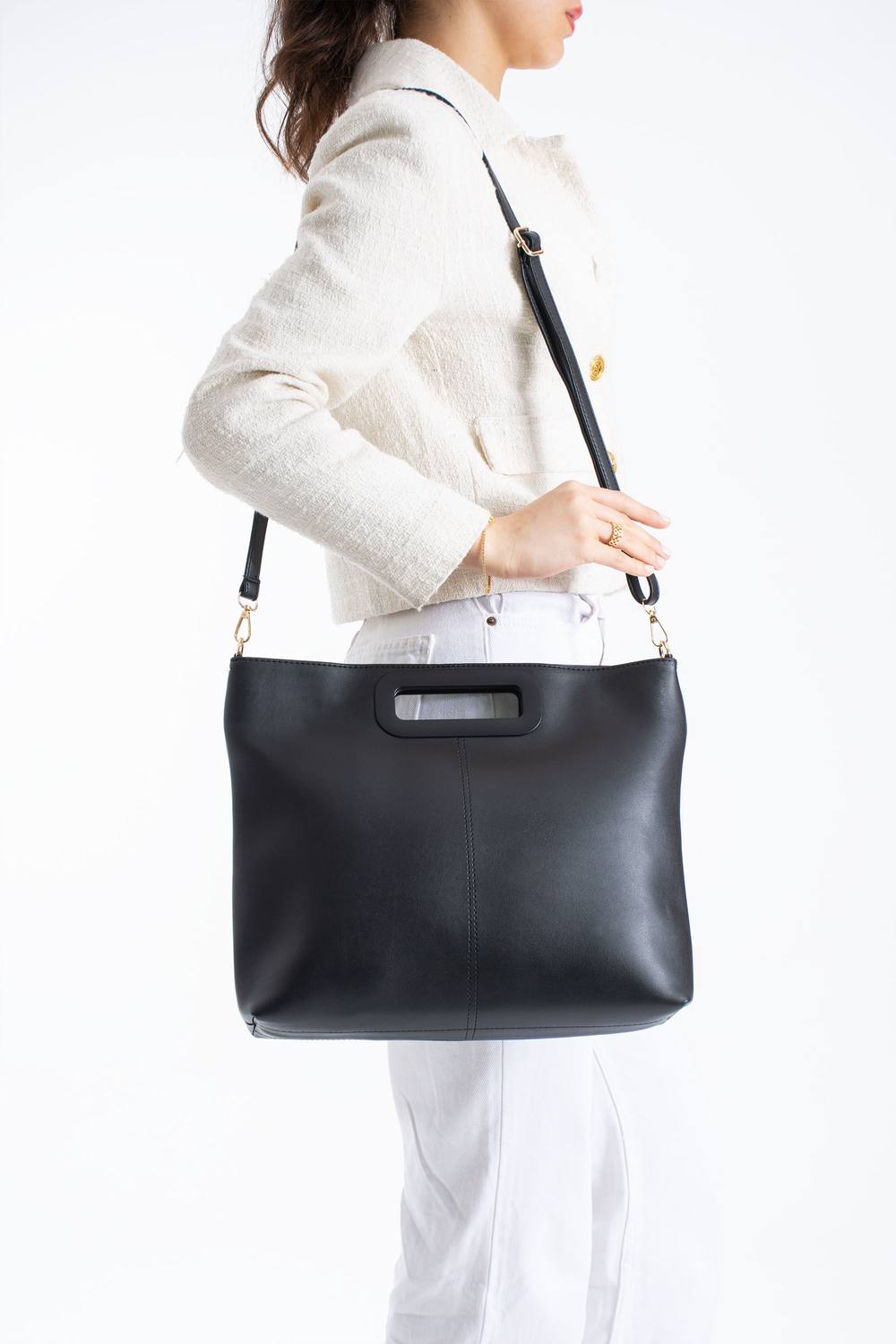 Belissh Women's Handle Detail Pu Leather Large Handbag with Detachable Strap in Black