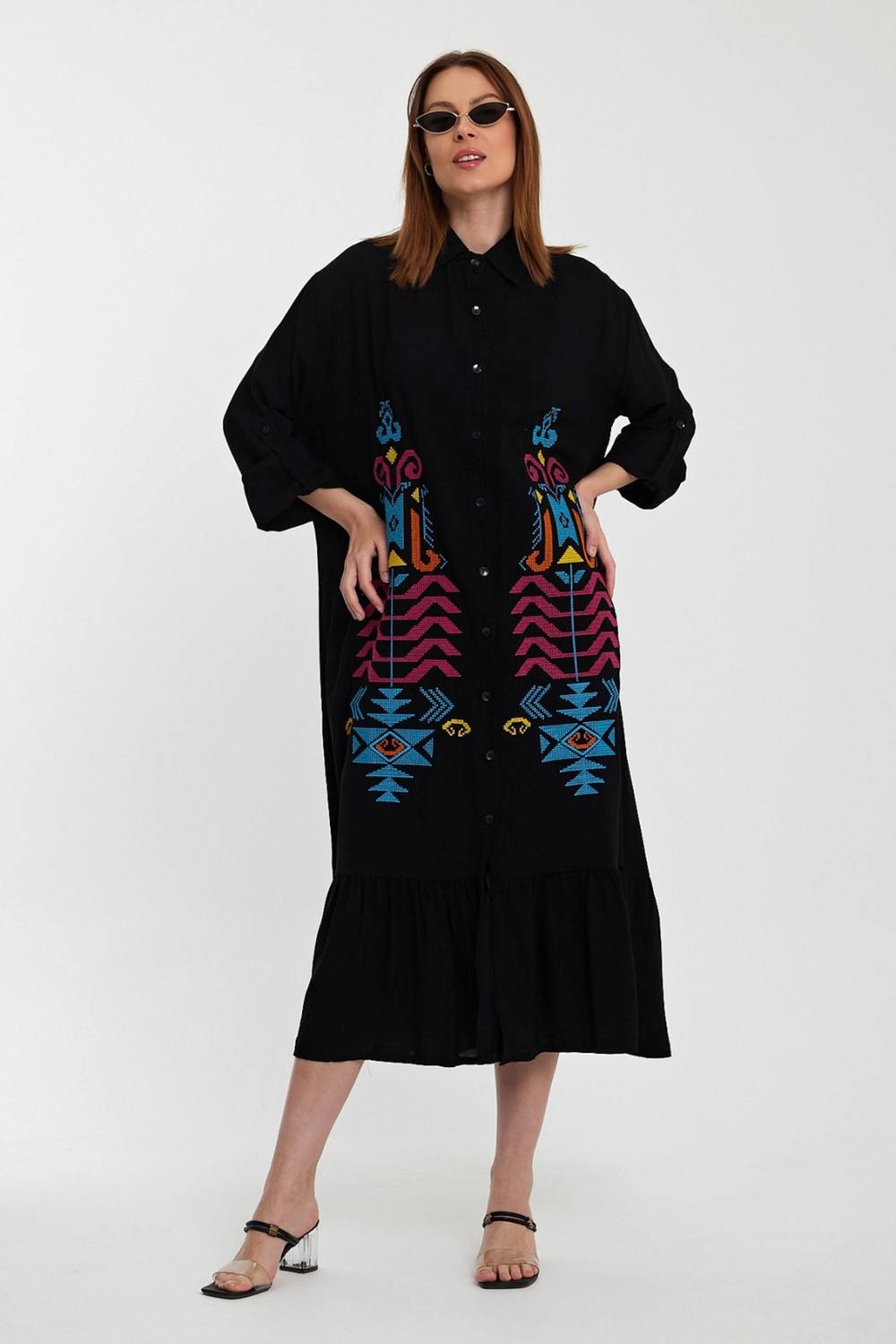 Belissh Women's Embroidered Tiered Midi Dress with Button-Through Front in Black