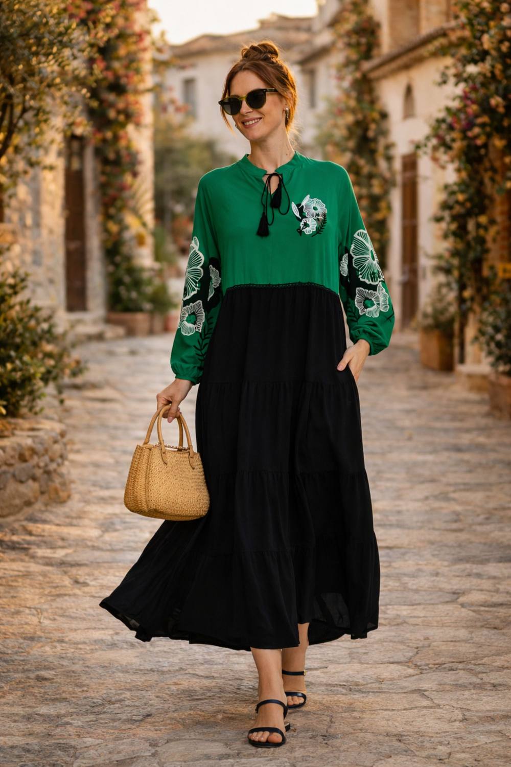 Belissh Women's Embroidered Long Sleeve Midi Dress with Tie Neck Detail in Green