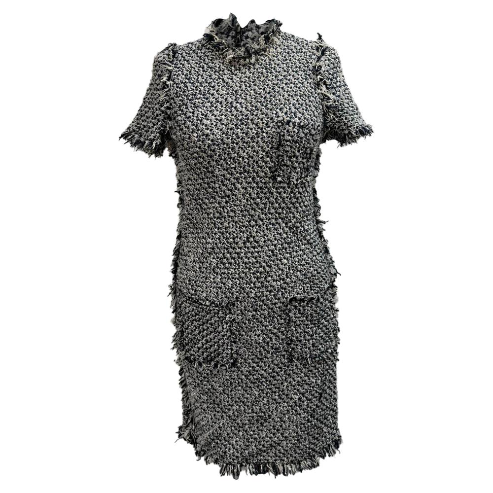 Lanvin Women's Preloved Tweed Short Sleeve Mini Dress in Black and White Cotton