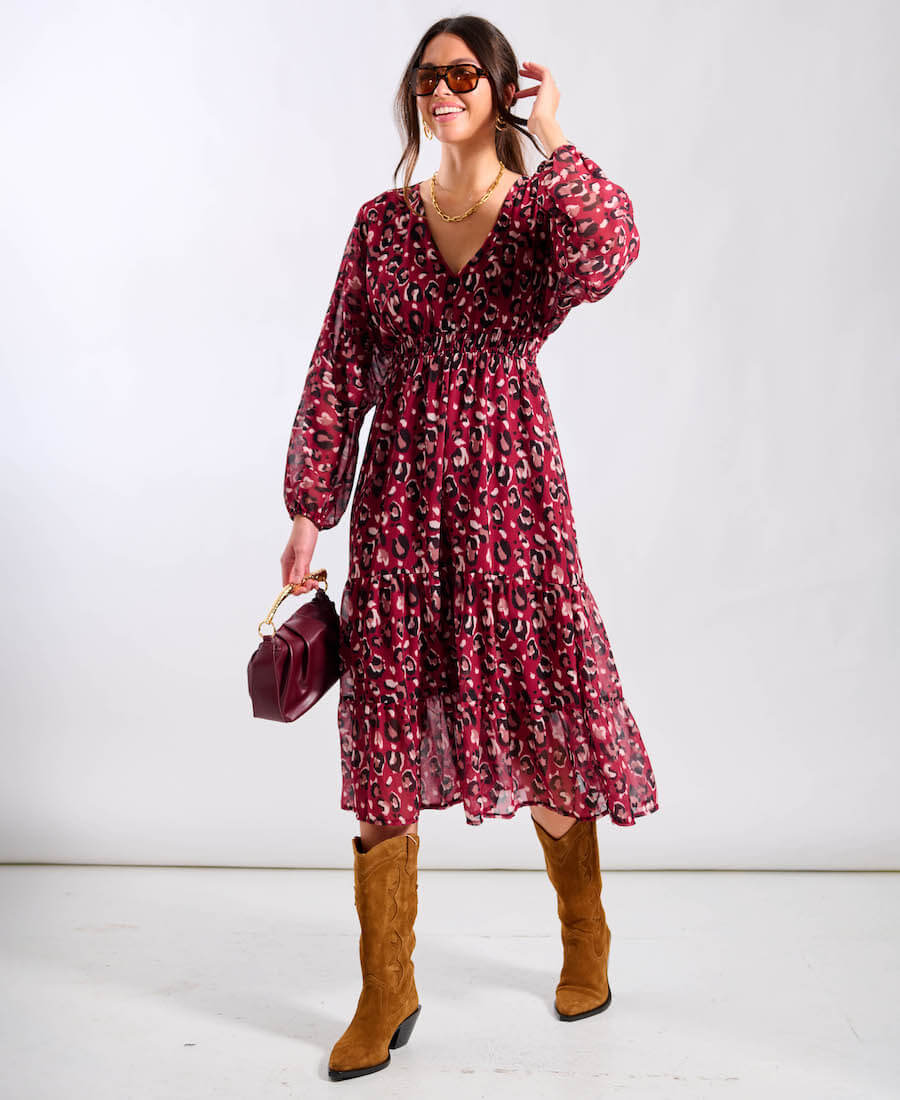 Red Leopard Tiered Chiffon Midi Dress