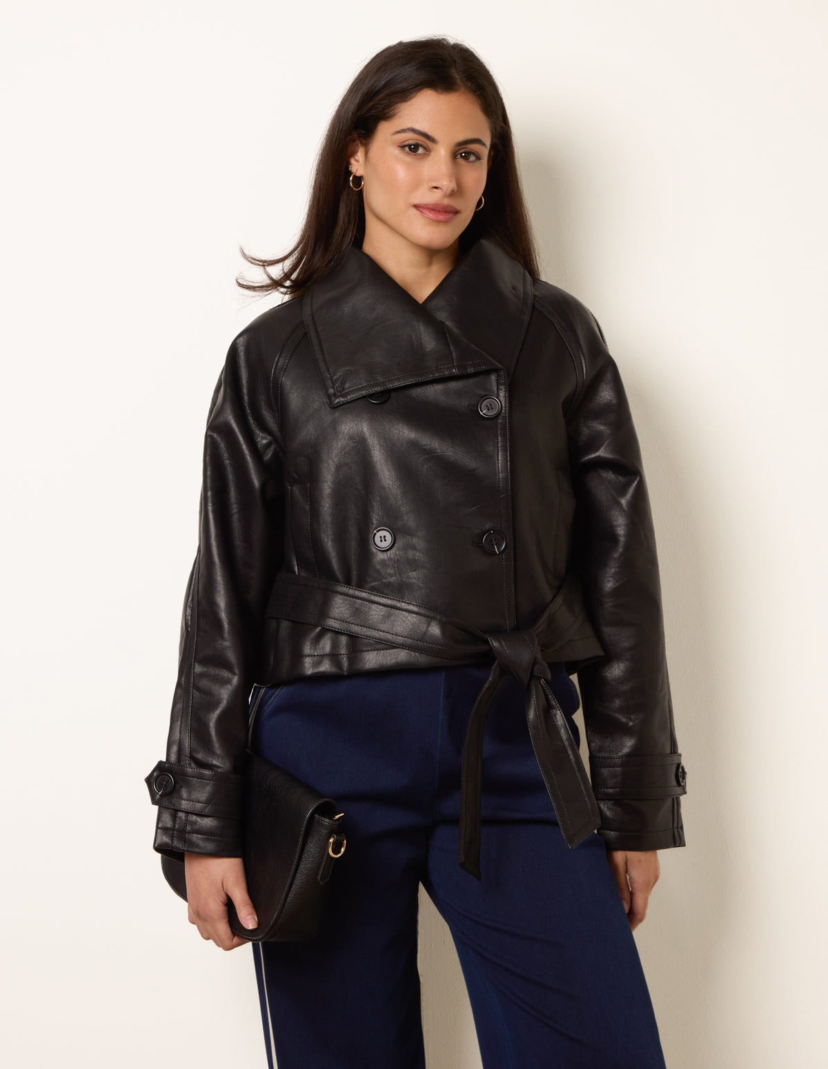 Double Breasted Leather Look Jacket - M BLACK