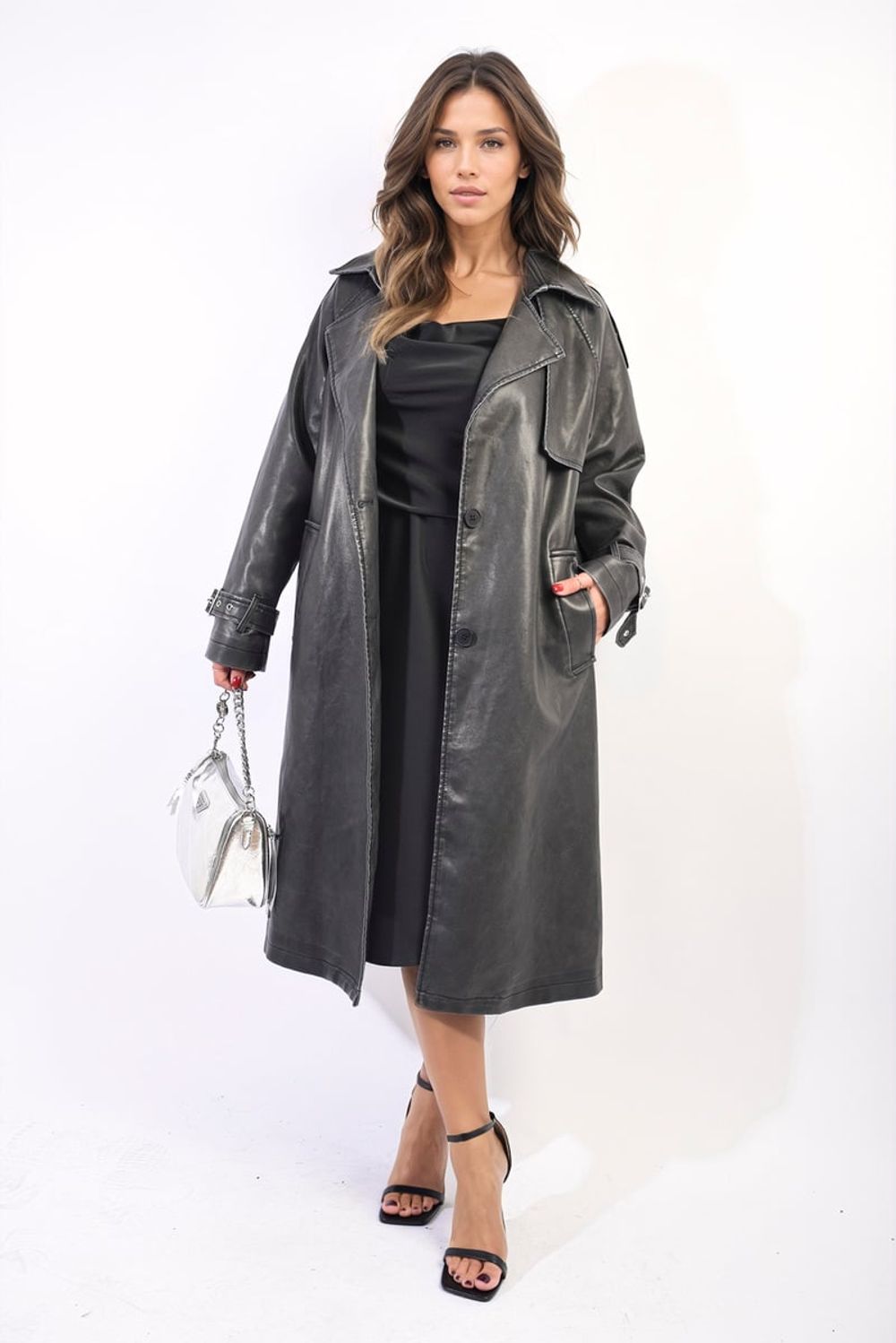 Luxe Faux Leather Lapel Trench Coat Jacket - S Grey
