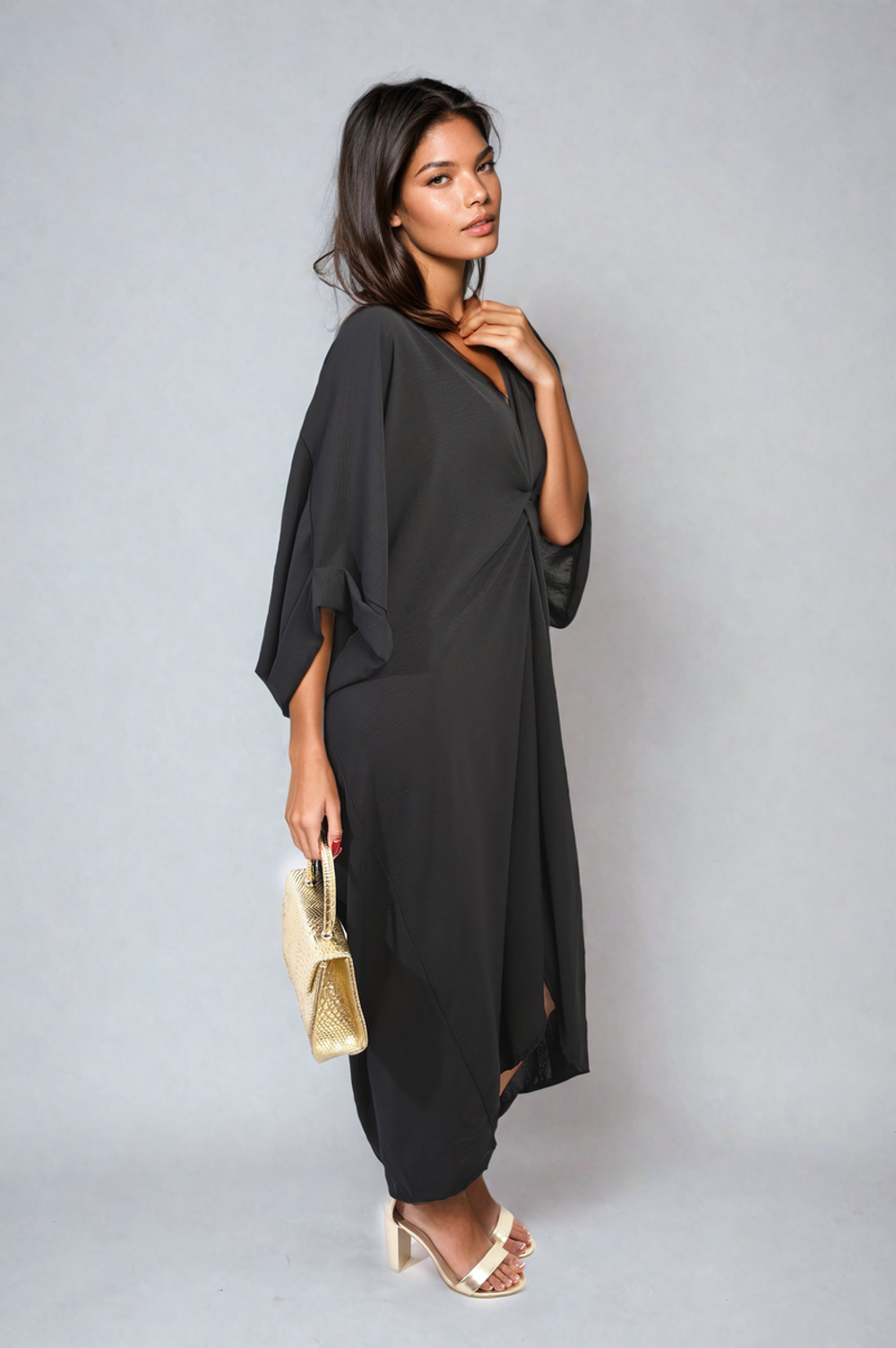 Twist Front Plunge Neckline Relaxed Fit Midi Dress - SM Black