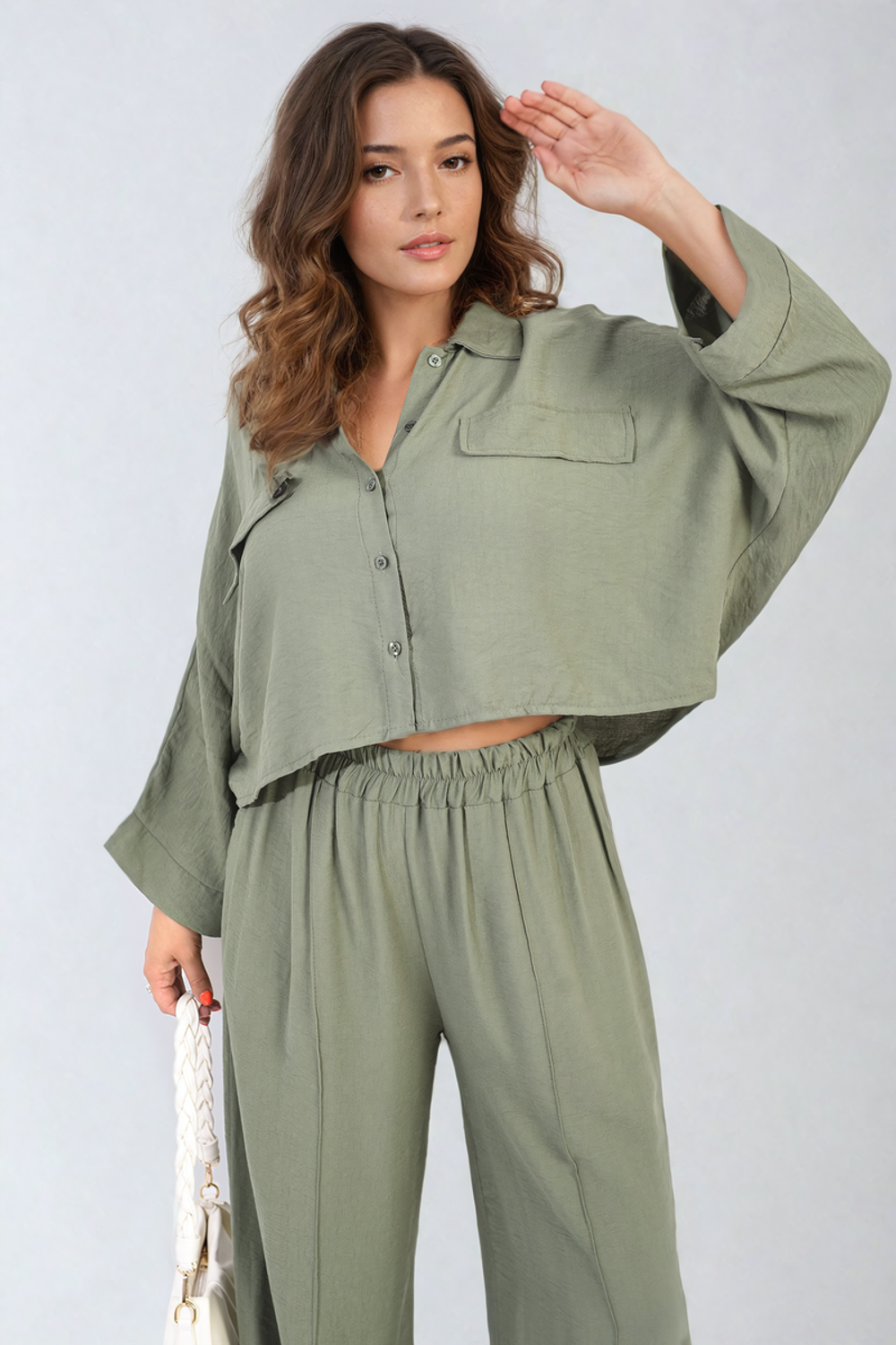 Rosie Oversized Crop Top & Wide Leg Trouser Co-ord Set - ML Khaki