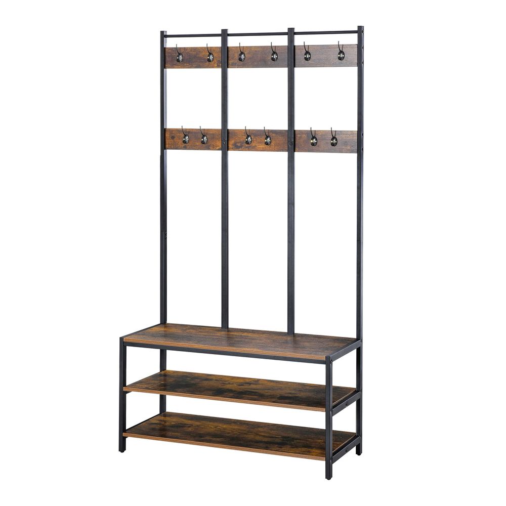 HOMCOM Coat Rack Stand, Free Standing Hall Tree, Coat Stand with Hooks, Bench and Shoe Rack, x x , Industrial Style, Rustic Brown and