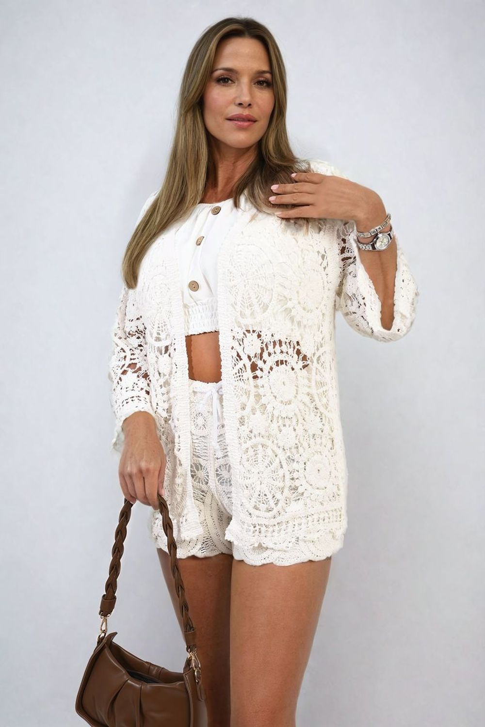 Bohemian Chic Crochet Cardigan - Lightweight & Versatile - SM White