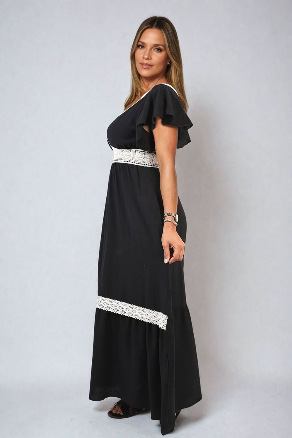 Timeless Elegance: V-neck Lace Trim Maxi Dress - ML Black