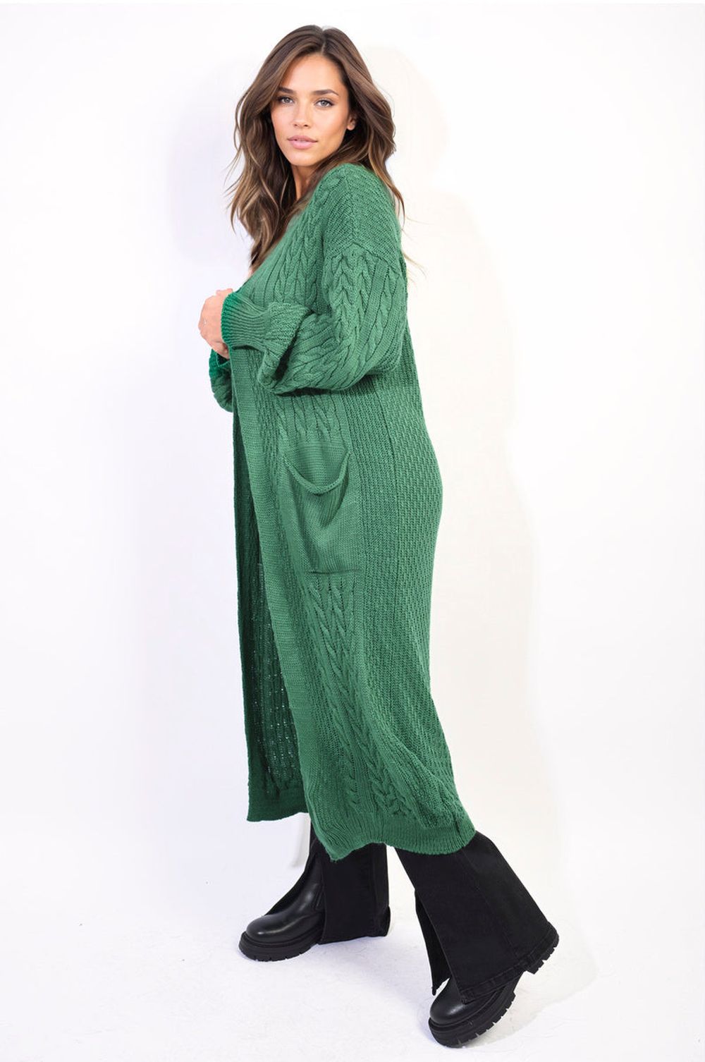 Cozy & Chic Front Open Knitted Cardigan with Pockets - ML Green