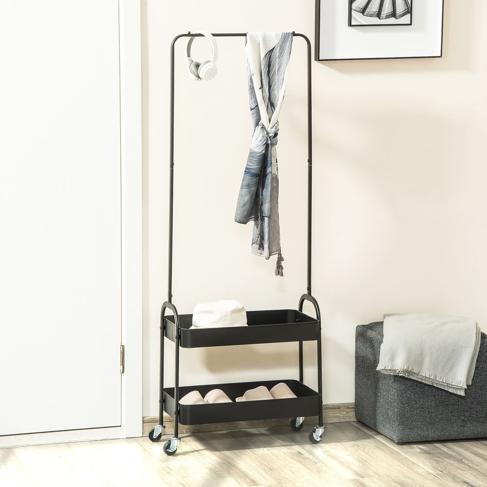 HOMCOM Metal Clothes Rack with Shoe Storage, Clothing Rail on Wheels, Freestanding Hall Tree, Coat Stand with Storage Shelf, Black