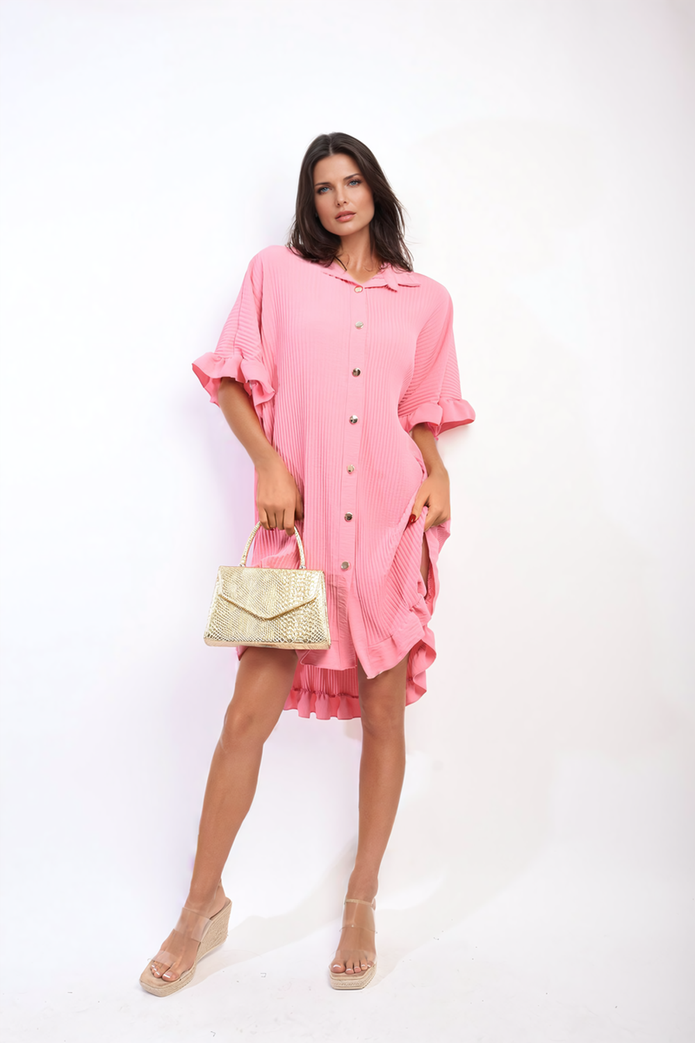 Prisha Button Down Oversized Ruffle Mini Dress - Ultra-Soft, Lightweight & Stylish - SM Pink