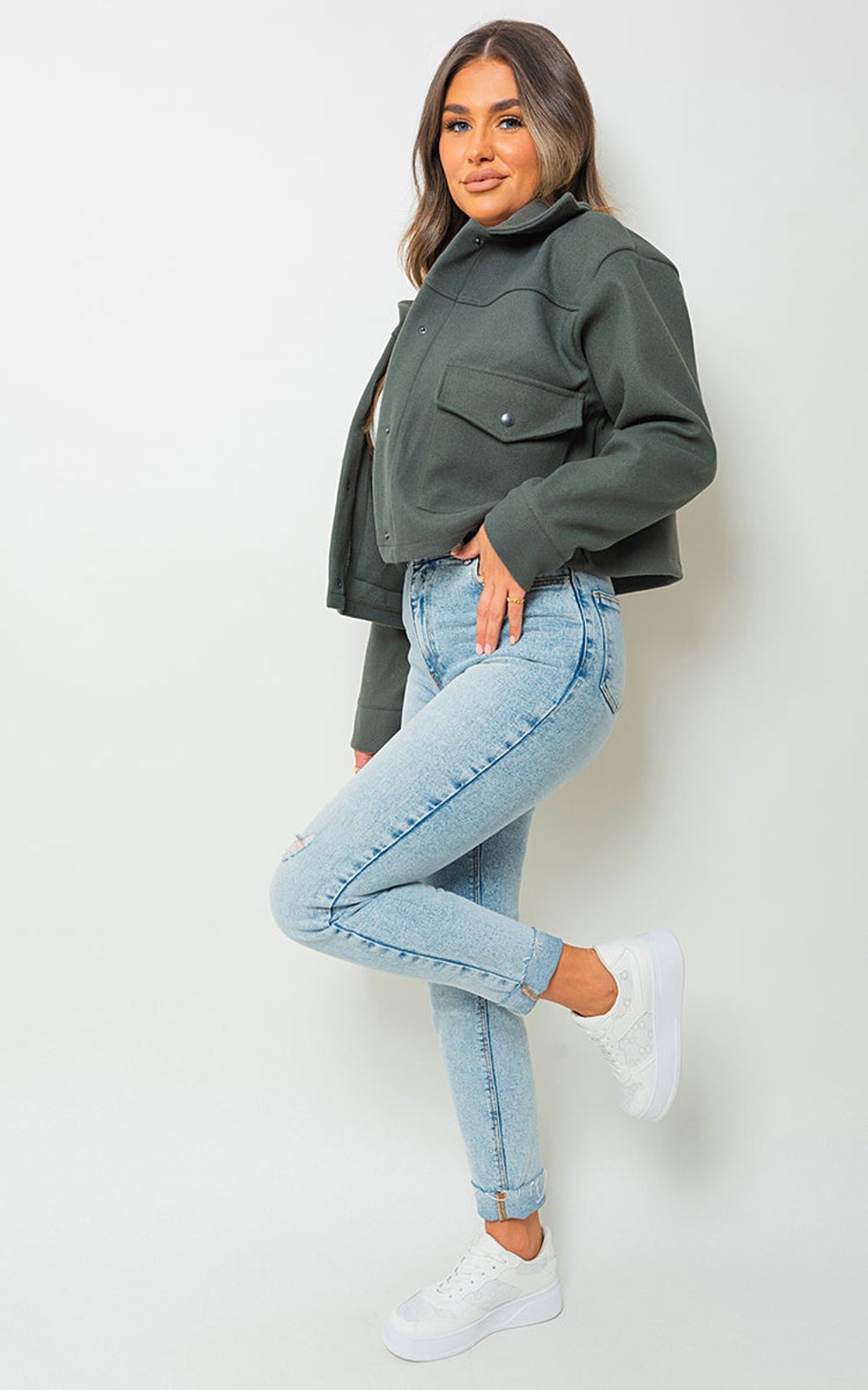 Cropped Long Sleeve Collared Jacket with Pockets - SM Khaki