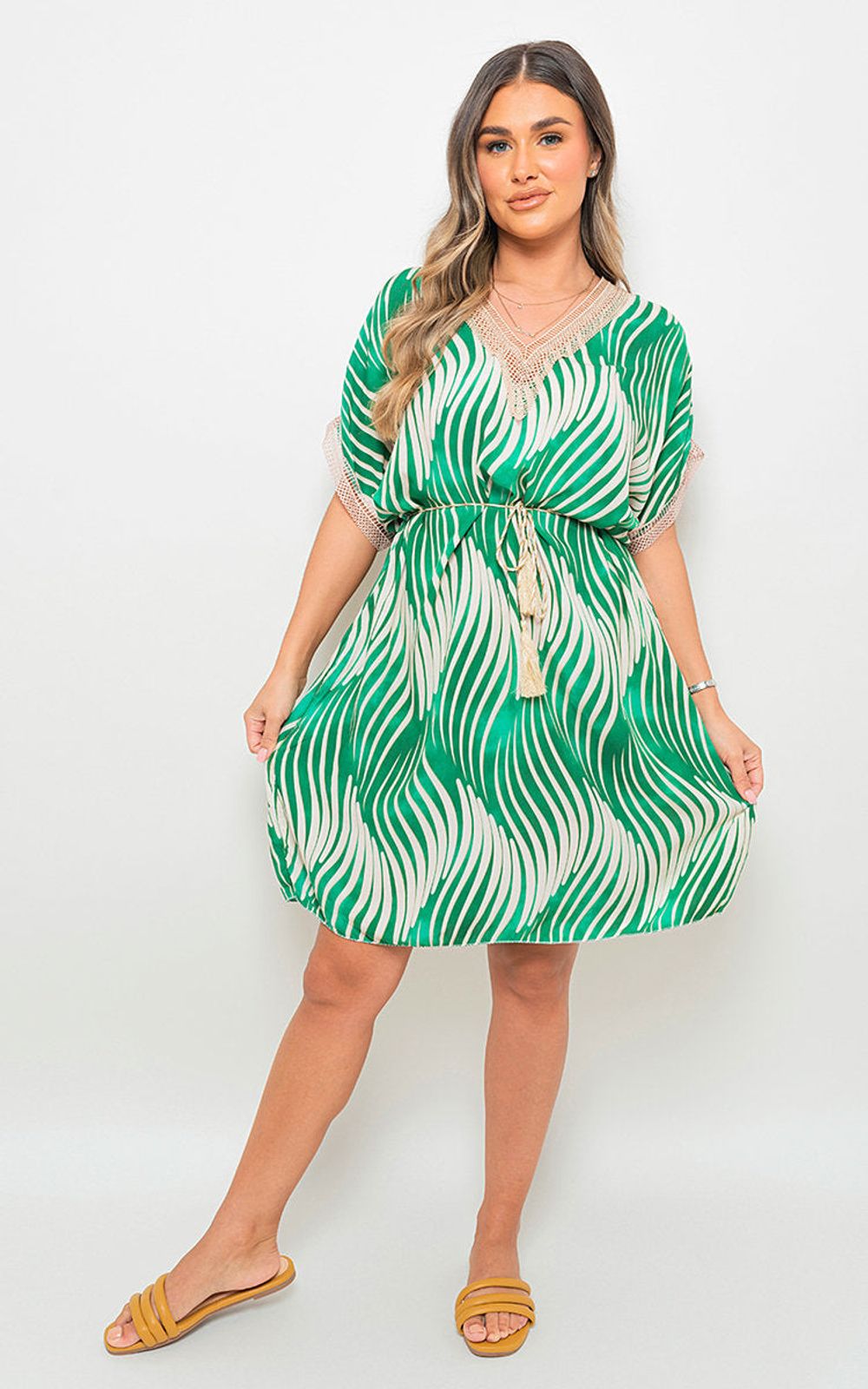 Enchanting Belted Lace Panel Mini Dress - ML Green