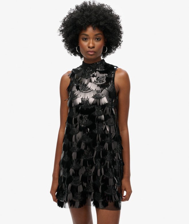 Superdry & Co Women's A-line Fringe Sequin Dress Black Black Sequin - Size: