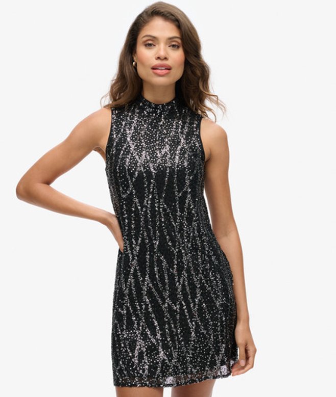 Superdry & Co Women's Sleeveless Sequin A Line Mini Dress Black Black Sequin - Size:
