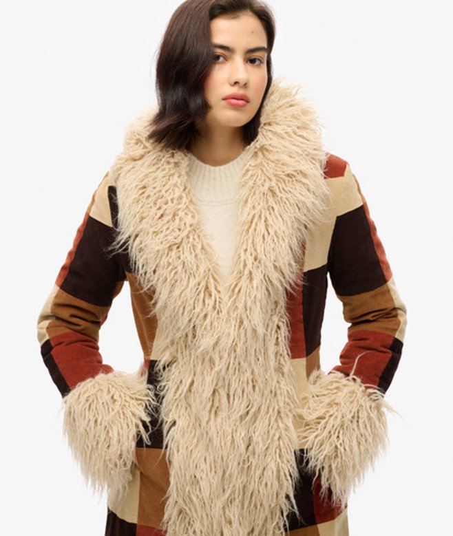 Superdry & Co Women's Patchwork Long Afghan Coat, Brown, Size: