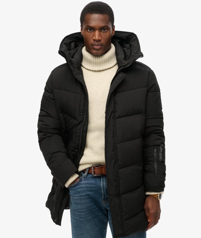 Superdry & Co Mens Loose Fit Embroidered City Chevron Padded Parka Coat, Black, Size: