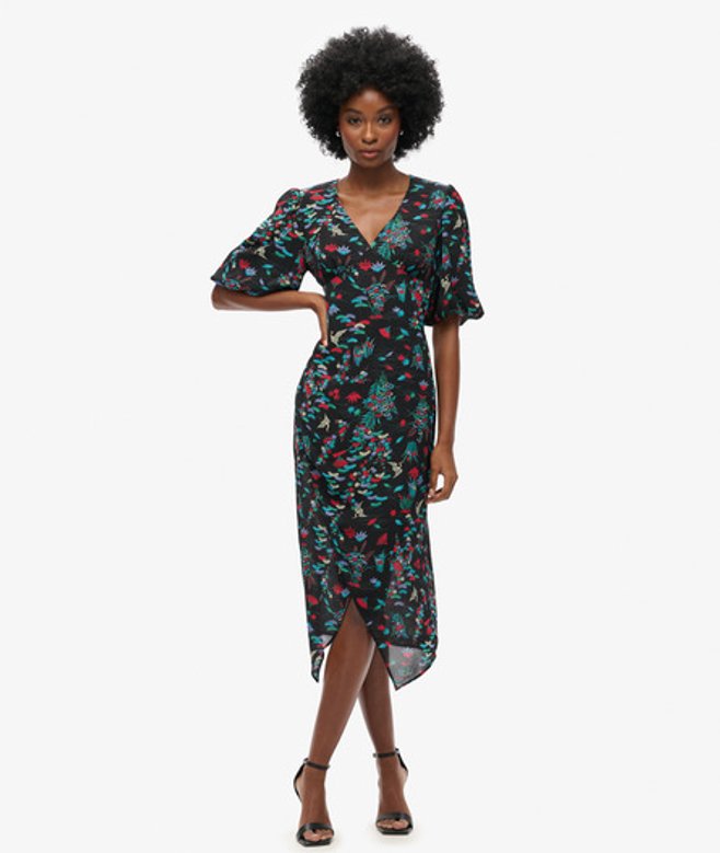Superdry & Co Women's Short Sleeve Sheer Midi Dress Black Crane Black Print - Size: