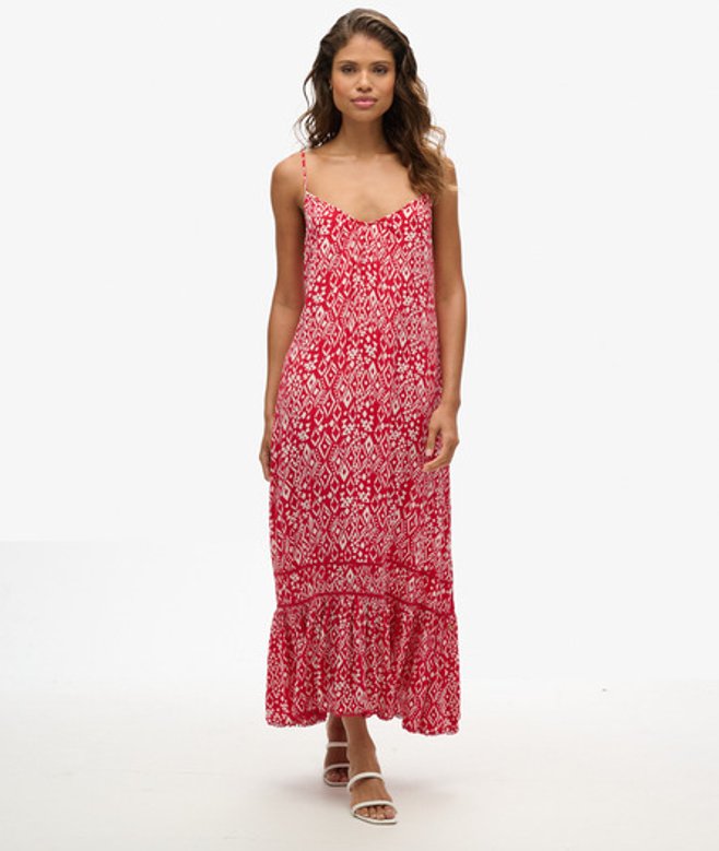 Superdry & Co Women's Printed Long V-neck Cami Dress, Red & White, Size: