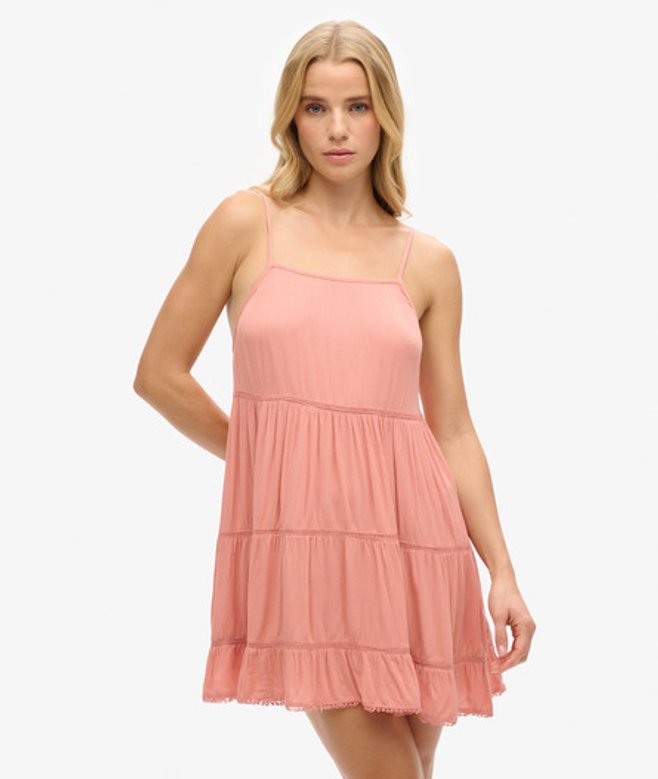 Superdry Women's Tiered Mini Beach Cami Dress, Pink, Size:
