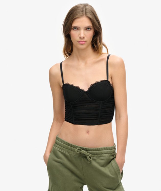 Superdry & Co Women's Ruched Mesh Crop Corset Top Black - Size: