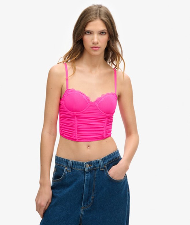 Superdry & Co Women's Lace Ruched Mesh Crop Corset Top, Pink, Size: