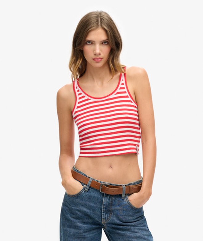Superdry & Co Women's Organic Cotton Vintage Ribbed Crop Vest Top Red Soda Pop Red Stripe - Size: