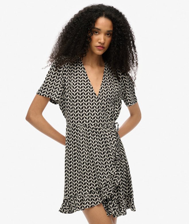 Superdry Women's Printed Short Sleeve Mini Wrap Dress, Black & White, Size: