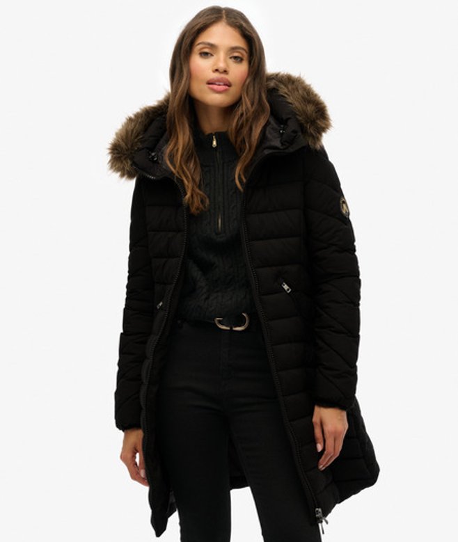 Superdry & Co Women's Fuji Faux Fur Hooded Mid Length Coat Black - Size: