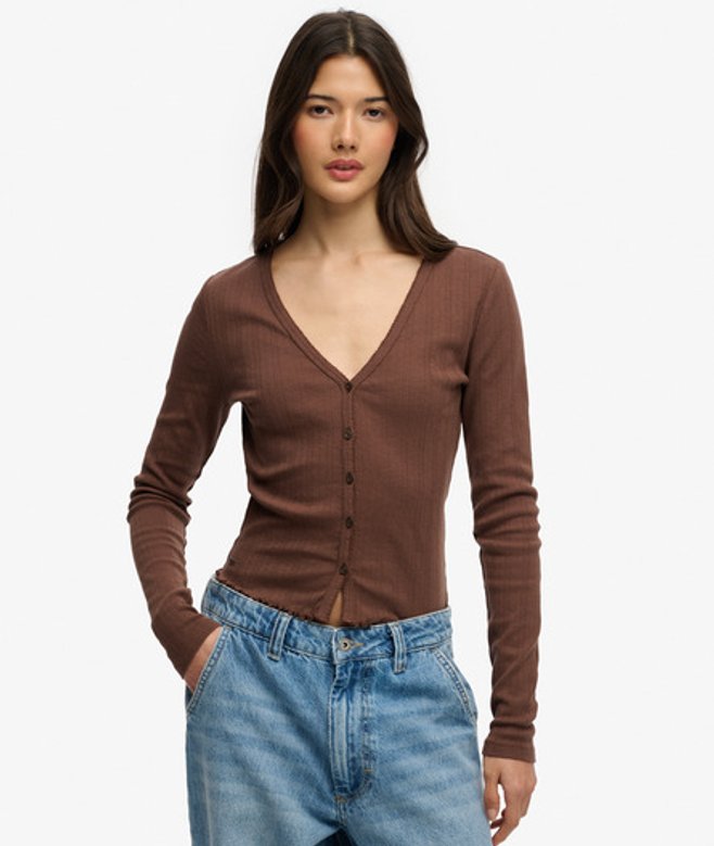 Superdry & Co Women's Athletic Essential Pointelle Cardigan Brown Chestnut Brown - Size: