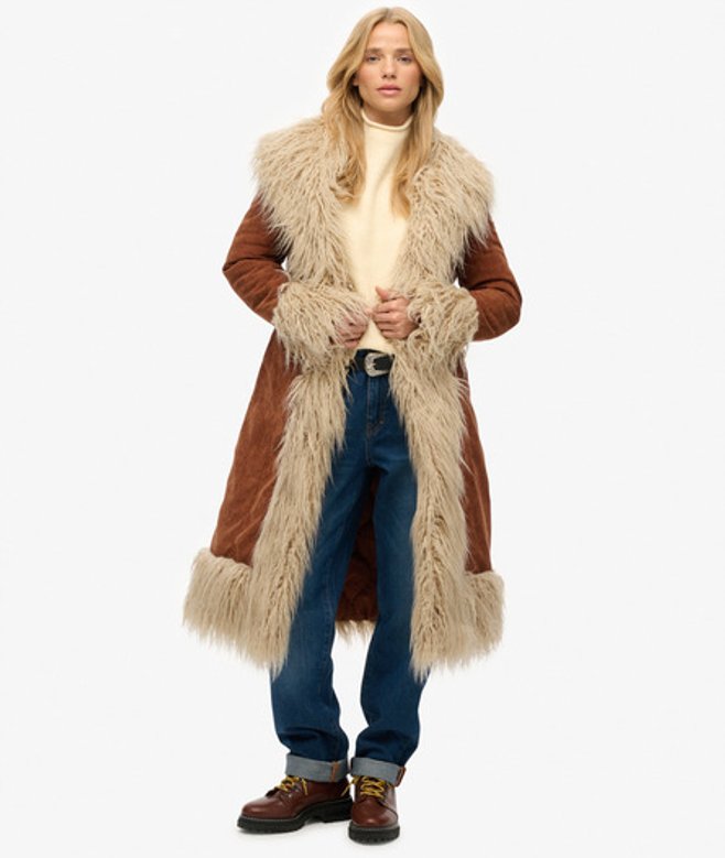 Superdry & Co Women's Long Afghan Coat Brown Rustic Chestnut Brown - Size: