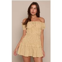 Mustard Pinstripe Bardot Ruched Shift Dress