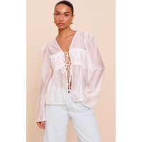 Cream Chiffon Tie Front Ruched Blouse