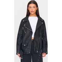 Black Faux Leather Longline Belted Biker Jacket