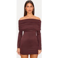 Chocolate Matte Sculpt Double Layer Foldover Bardot Long Sleeve Mini Dress