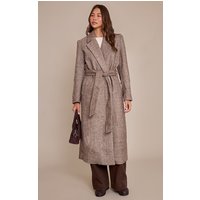 Brown Herringbone Tie Waist Maxi Coat