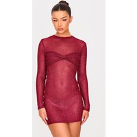 Cherry Red Metallic Ribbed Twist Bust Long Sleeve Mini Dress