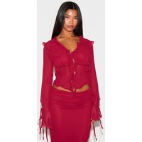 Burgundy Chiffon Ruffle Tie Front Blouse