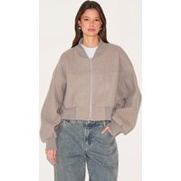 Taupe Ruched Sleeve Cropped Bomber Jacket