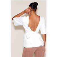 White Cotton Short Sleeve Tie Back Blouse