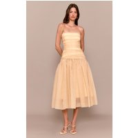 Yellow Organza Ruched Bodice Midi Dress
