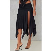 Black Soft Touch Ruched Asymmetric Midi Skirt