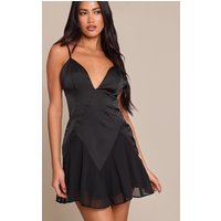 Black Satin V Neck Shift Dress