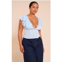 Shape Blue Plunge Front Draspe Shoulder Blouse