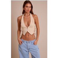 Cream Cargo Lace Up Side Zip Up Crop Top