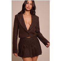Petite Chocolate Pointed Lapel Short Wool Look Blazer