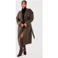 Petite Chocolate Faux Leather Buckle Trench Coat