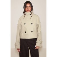 Beige Double Breasted Funnel Neck Cropped Trench Coat